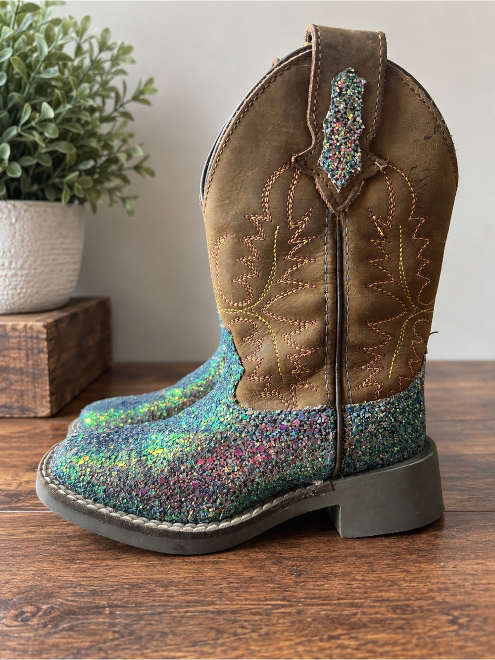 Kids Glitter Western Cowboy Boots - Brown & Multicolor Size 8.5